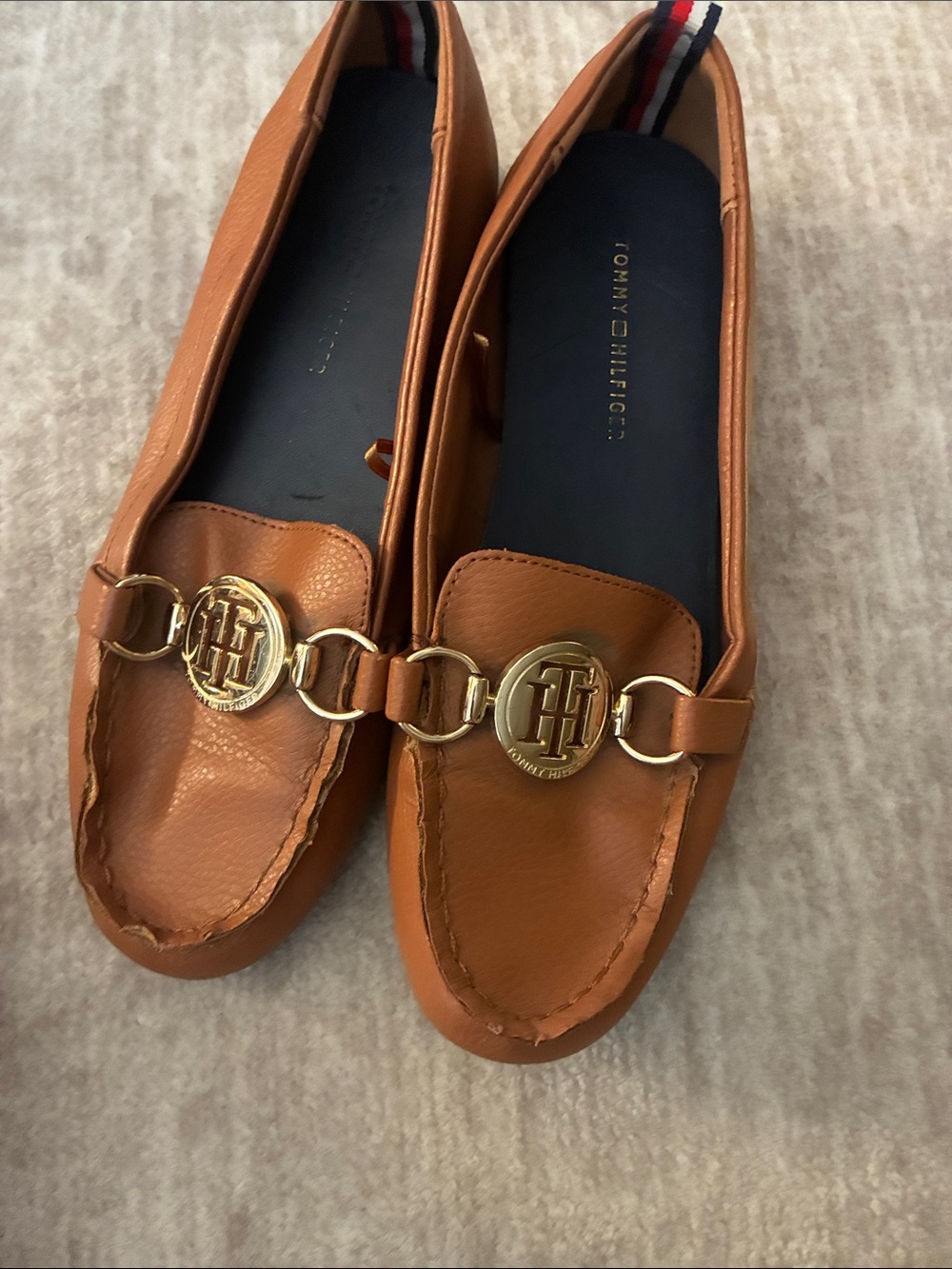 Tommy‎ Hilfiger Cognac Leather Slip-On Loafers with Gold Emblem